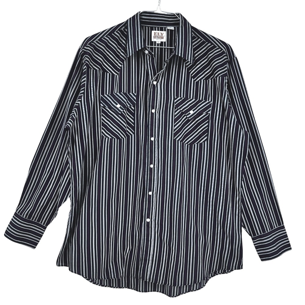 Ely Cattleman Western Shirt Mens XL Striped Long Sleeve‎ Pearl Snap Front Black
